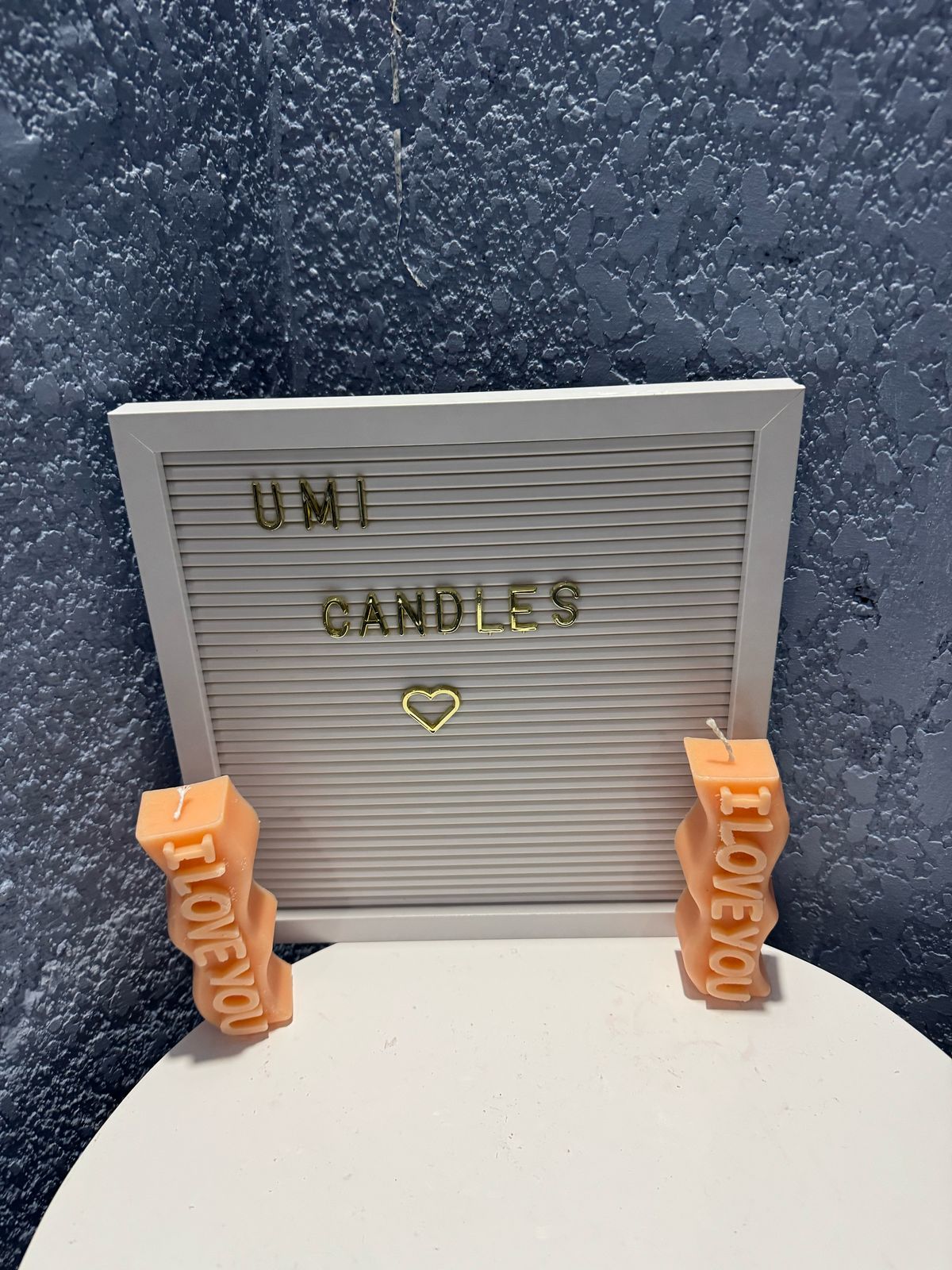 Umi Candles letterboard with 'I LOVE YOU' candles